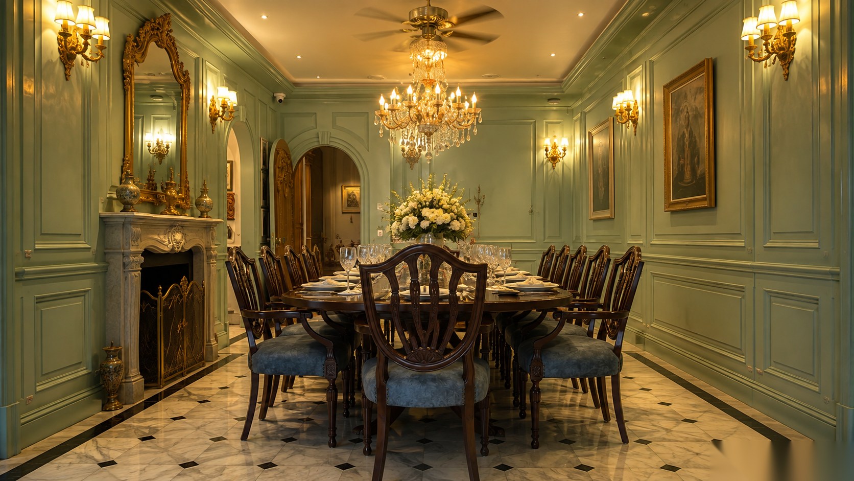 The sage-green formal dining hall with chandeliers and marble floor