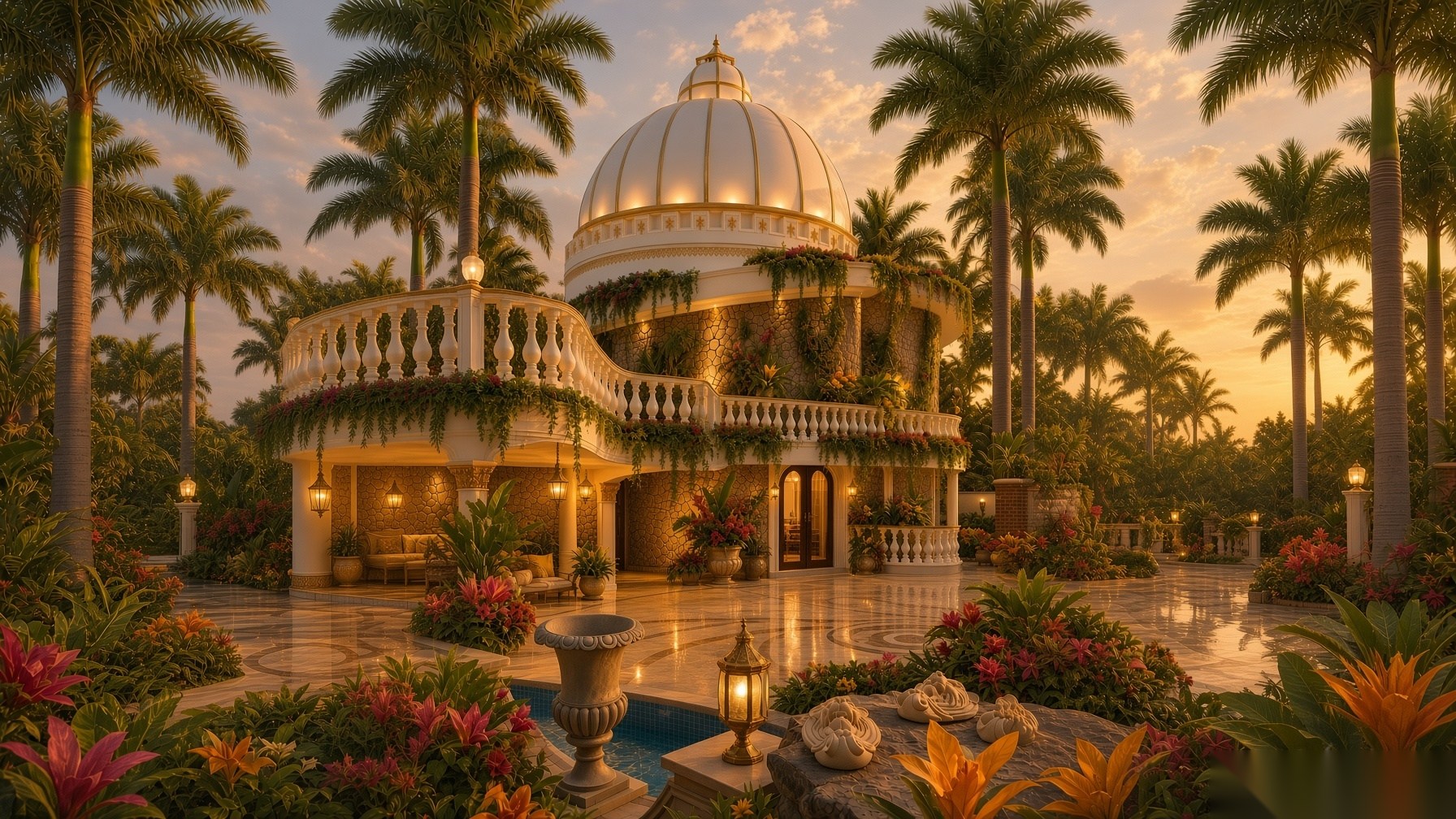 The illuminated dome of The First King Manor at dusk, Lonavla