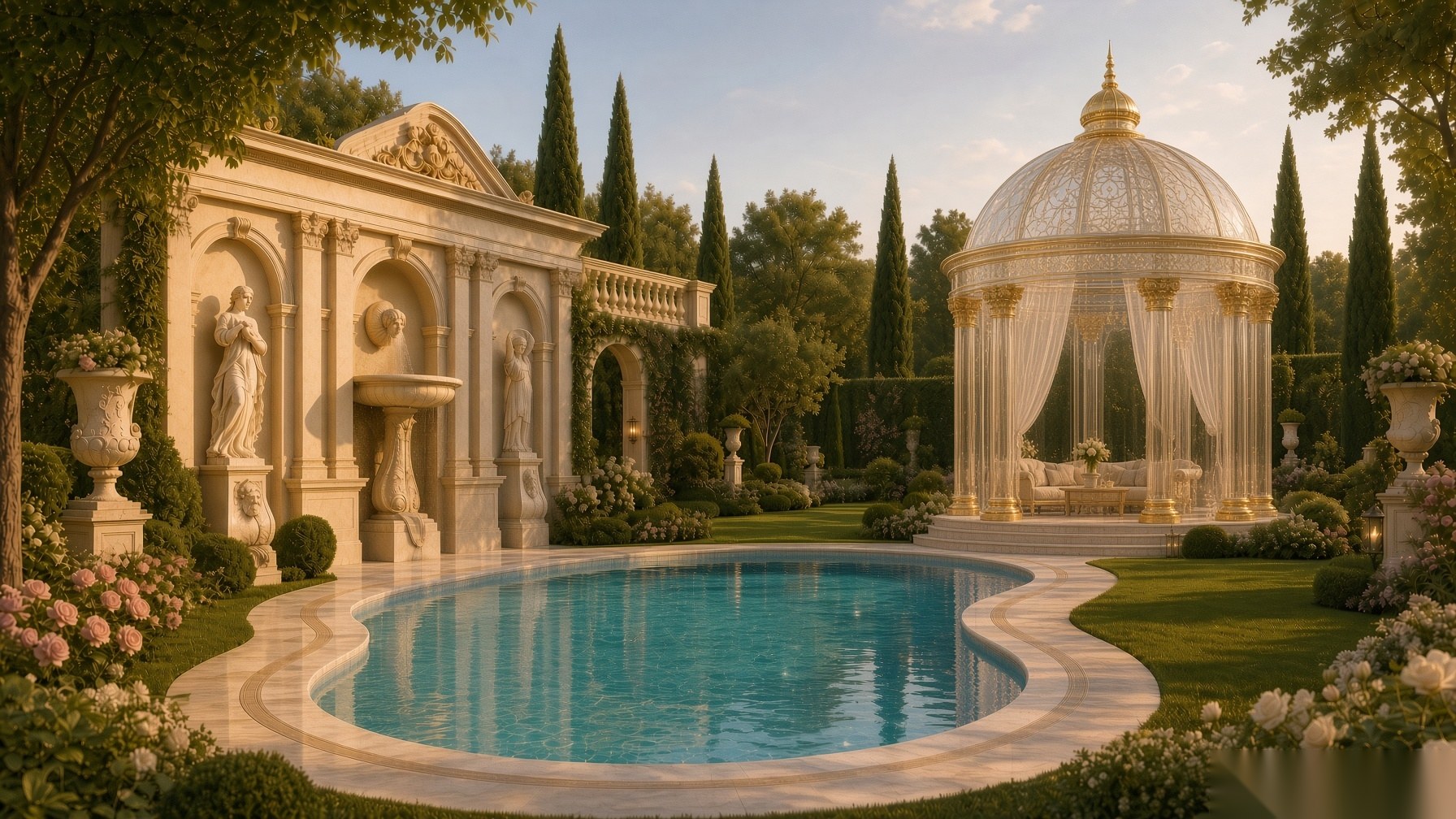 The pool and glass-domed gazebo at The First King Palace