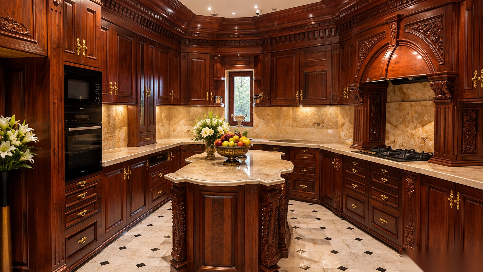 Hand-carved teak kitchen with marble counters