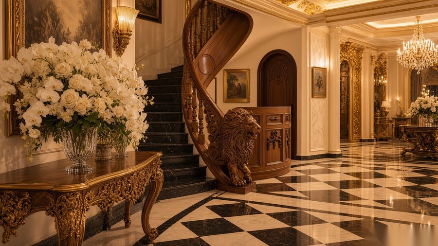Carved staircase and lions